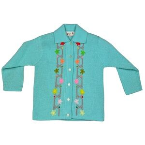 Vintage 70s Yarx Acrylic Knit Colorful Cottagecore Embroidered Floral Cardigan